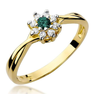 Pierścionek ze złota ze Szmaragdem 0,15ct i Diamentami próby 585. W-0072SZM